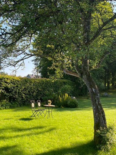 Ein grüner Garten mit einem Tisch und zwei Stühlen im Schatten eines Baumes. Die Umgebung ist ruhig und einladend.