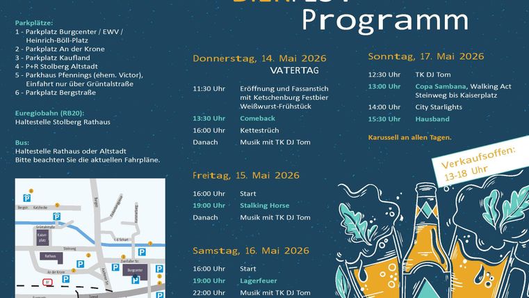 Ein Veranstaltungsposter für ein Bierfest mit einem detaillierten Programm. Es gibt Informationen zu Terminen, Aktivitäten und Parkmöglichkeiten.