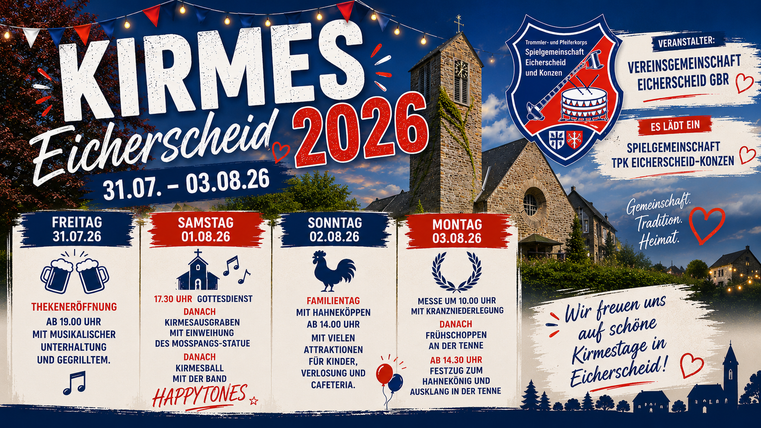 A colorful poster for the fair in Eicherscheid 2026. It displays the event date and various program points in a festive design.