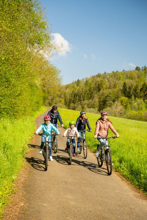 Eine Familie aus fünf Personen fährt neben einer Wiese Fahrrad