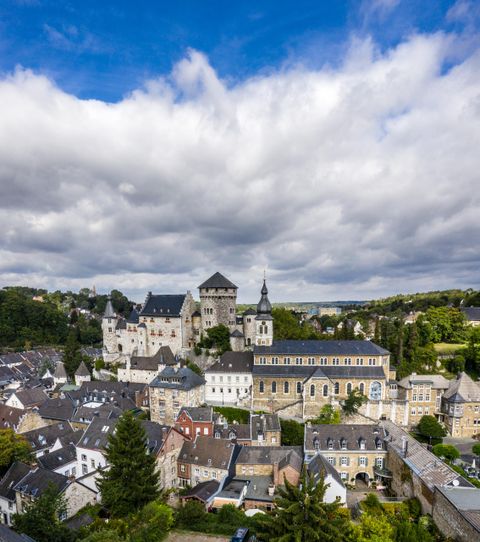 Eine schöne Stadtansicht mit historischen Gebäuden und einer Burg im Hintergrund. Der Himmel ist teils bewölkt und bietet einen weiten Blick über die Landschaft.