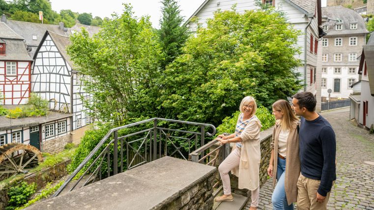 Eine Gruppe von drei Personen geht eine malerische Treppe hinunter. Im Hintergrund sind traditionelle Fachwerkhäuser und üppiges Grün zu sehen.