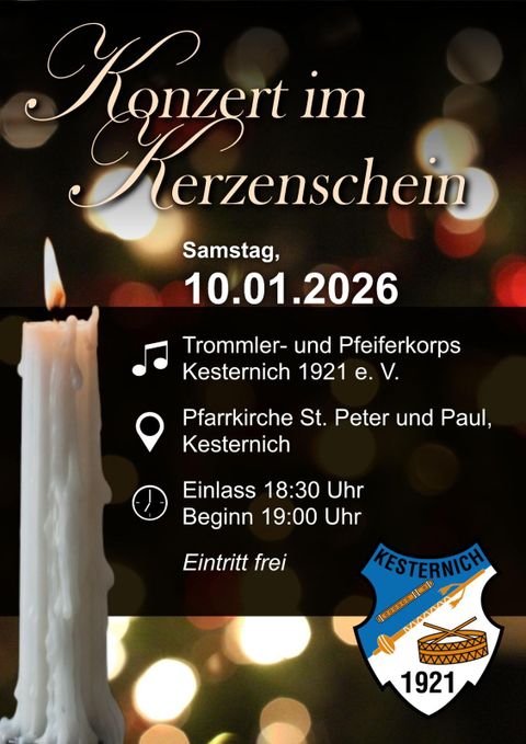 Ein Konzert im Kerzenschein findet am 10.01.2026 in der Pfarrkirche St. Peter und Paul in Kesternich statt. Der Eintritt ist frei und Einlass ist um 18:30 Uhr.