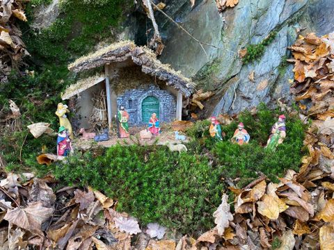 Eine kleine Weihnachtskrippe aus Holz steht inmitten von buntem Laub. Um die Krippe herum sind mehrere Figuren aufgestellt.