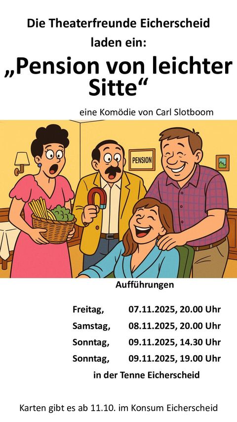 Ein Theaterplakat für die Komödie „Pension von leichter Sitte“. Es zeigt eine fröhliche Szene mit mehreren Personen in einem Gasthaus.