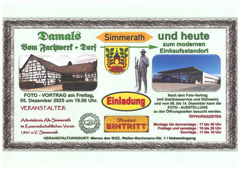 Ein Banner für eine Veranstaltung in Simmerath. Es zeigt historische und moderne Bilder sowie Informationen zu einem Vortrag und einer Fotoausstellung.