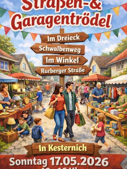 Ein farbenfrohes Straßenfest mit Ständen und Menschen, die verschiedene Waren verkaufen. Bunte Wimpel schmücken die Straßen und schaffen eine fröhliche Stimmung.