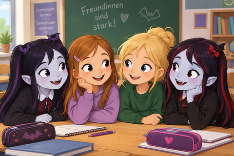 Quatre filles joyeuses avec différentes coiffures sont assises à une table dans une salle de classe. Elles sourient et semblent s'écouter, tandis que des fournitures scolaires sont posées devant elles.