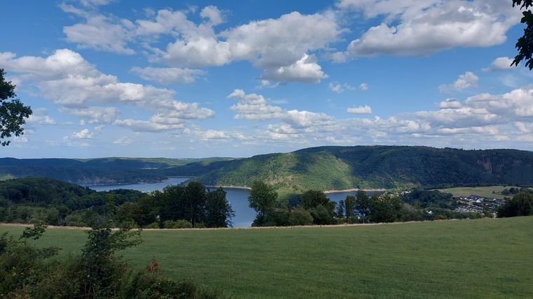 A picturesque landscape with gentle hills and a serene river, surrounded by trees. The sky is blue with many white clouds.