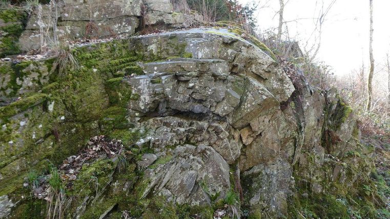 Ein geologischer Sattel mit ausgeprägten Gesteinsformationen. Die Felsen sind von Moos und Pflanzen umgeben.