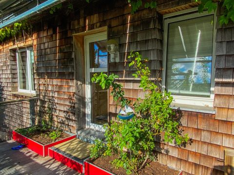 Ein Holzverschaltes Haus mit einem Eingang und zwei Fenstern. Vor dem Haus stehen rote Pflanzkästen mit grünen Pflanzen.