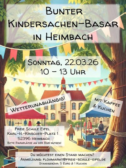 Bunter Kindersachen-Basar in Heimbach mit bunten Festdekorationen. Am Sonntag, den 22.03.26 von 10 bis 13 Uhr, mit Kaffee und Kuchen.