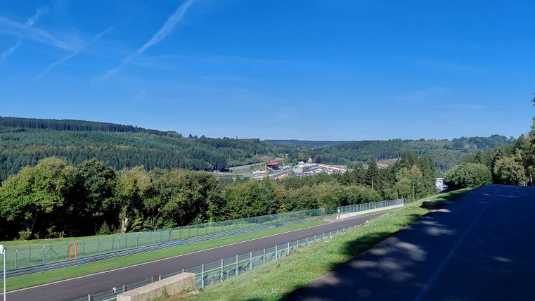 Ein malerischer Ausblick auf eine grüne Landschaft mit einem klaren blauen Himmel. Im Vordergrund ist eine Straße zu sehen, die durch die Natur führt.