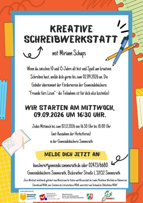 A colorful poster for a creative writing workshop with Miriam Schaps. The workshop is aimed at children aged 10 to 15 and starts on 09.09.2026.