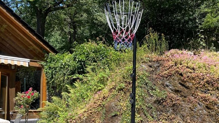 Een basketbalnet staat in een groene tuin voor een houten huis. De omgeving is versierd met planten en struiken.