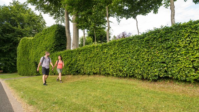 Ein Paar spaziert an einer hohen Hecke entlang. Die Umgebung ist grün und einladend.