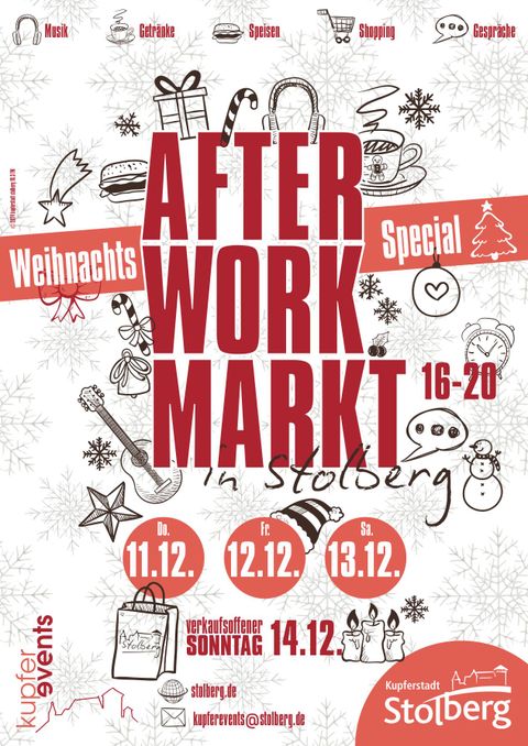 Ein Poster für den After Work Markt in Stolberg, das Informationen über die Veranstaltung enthält. Es zeigt das Datum, die Uhrzeit und weihnachtliche Motive.