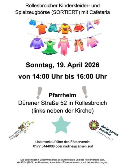 Ein Plakat für eine Kinderkleider- und Spielzeugbörse mit Informationen zu Adresse und Zeitpunkt. Bunte Kleidung und Spielsachen sind an einer Wäscheleine abgebildet.