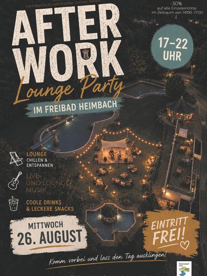 Une affiche pour une soirée lounge après le travail à la piscine extérieure de Heimbach. Une ambiance détendue sera offerte avec de la musique live, des en-cas et des boissons.