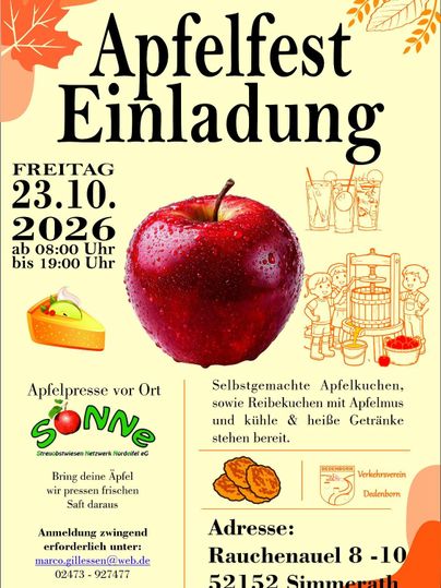 Een uitnodigende poster voor het appel festival met een grote rode appel in het midden. Het bevat informatie over de datum, de activiteiten en het adres.