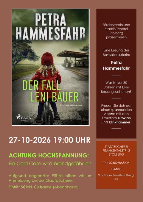 Een evenementenposter voor een lezing van Petra Hammesfahr. Het onderwerp is "De zaak Leni Bauer", en de lezing vindt plaats op 27 oktober 2026 om 19.00 uur.