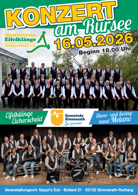 Ein Plakat für ein Konzert am Rursee. Es zeigt den Musikverein Eifelklänge und die Show- und Swingband Melano.