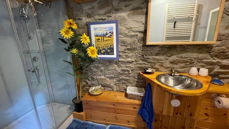 Een moderne badkamer met een douche en een houten kast. Een boeket bloemen, een spiegel en enkele decoratieve elementen geven de ruimte een uitnodigende sfeer.