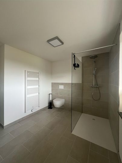 Een moderne badkamer met een douche en een toilet. De ruimte heeft lichte tegels en een heldere, minimalistische inrichting.
