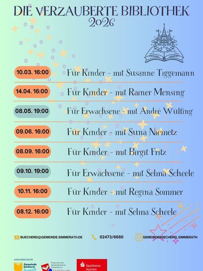 Ein Veranstaltungsplakat für die "Verzauberte Bibliothek" 2026. Es listet Datum, Uhrzeit und die Namen der Referenten für verschiedene Veranstaltungen für Kinder und Erwachsene auf.