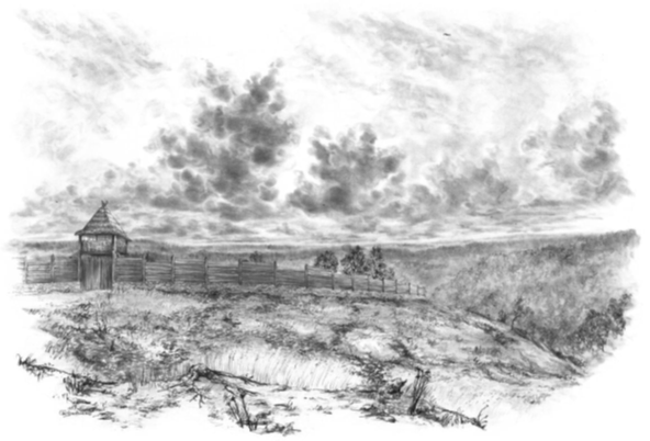 Une représentation esquissée d'un paysage avec une clôture et un petit poste d'observation. Le ciel est nuageux et l'environnement semble calme et rural.