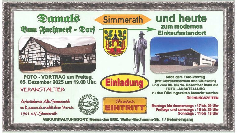 Ein Banner für eine Veranstaltung in Simmerath. Es zeigt historische und moderne Bilder sowie Informationen zu einem Vortrag und einer Fotoausstellung.
