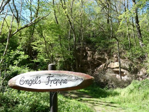 Ein Wegweiser mit der Aufschrift "Engel's Treppe" steht vor einem Wald mit üppigem Grün. Im Hintergrund sind Felsen und sonnendurchflutete Bäume zu sehen.
