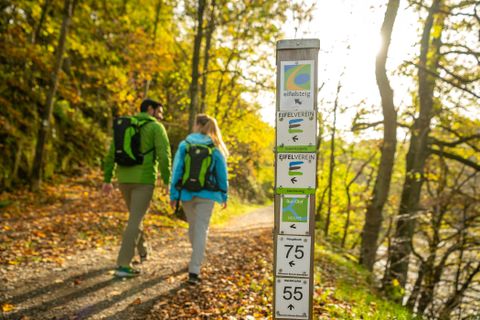Zwei Wanderer sind im Wald am wandern und neben ihnen ist eine Stele mit verschiedenen Wandermarkierungen 